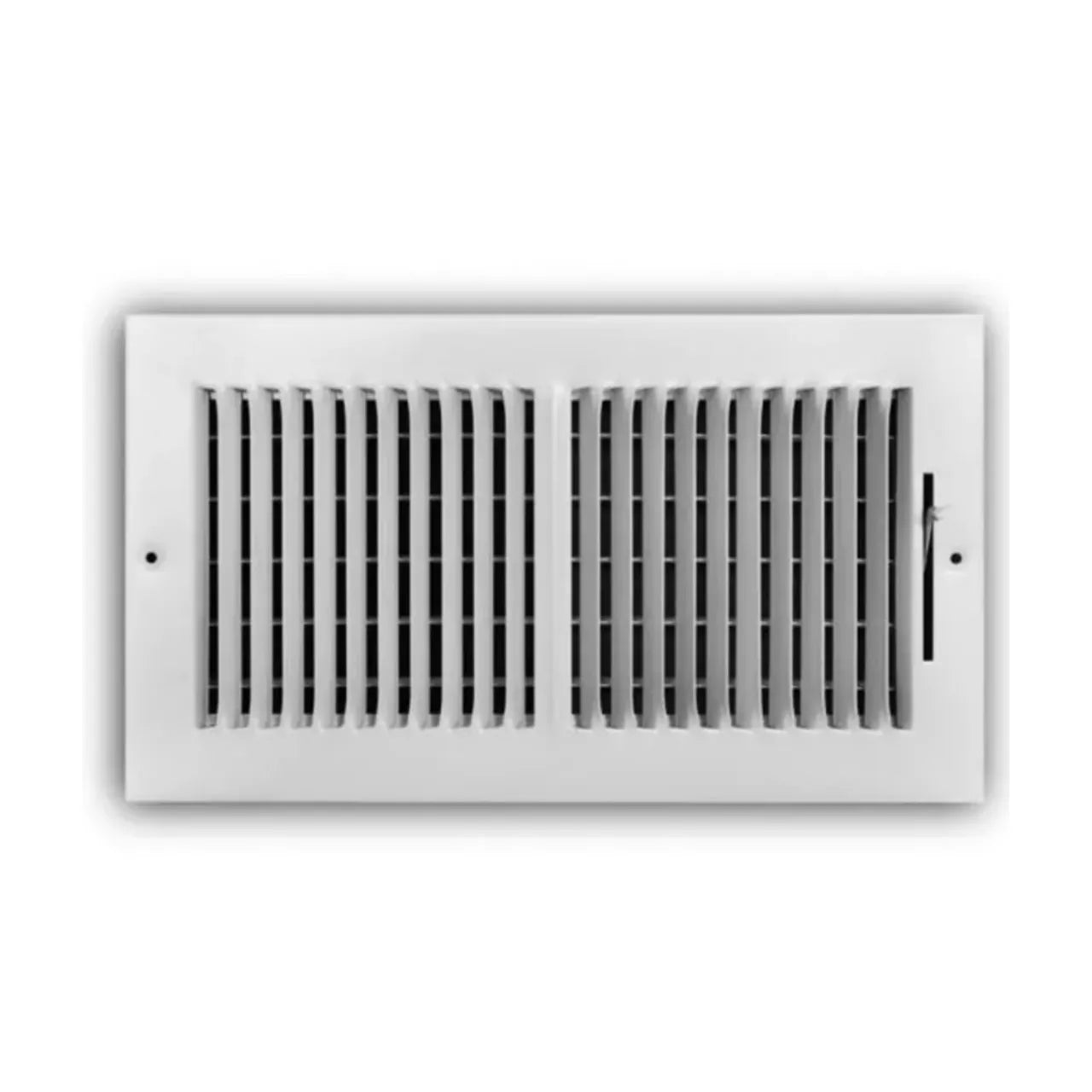 The Go Build 12 in. x 6 in. 2-Way Steel Wall/Ceiling Register in white features vertical slats and a right-side lever for airflow control, finished with a durable powder coat—ideal for walls or ceilings.